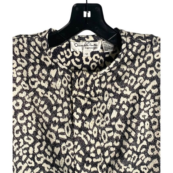 OSCAR DE LA RENTA Expressions Black + White Leopard Print Vintage Blouse Size 12 - Picture 2 of 7